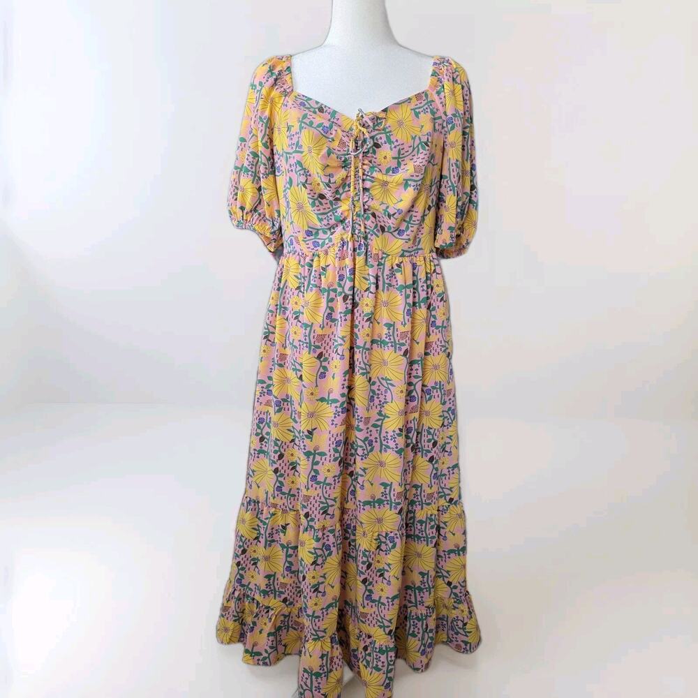 Voy Drawstring Tie Puff Sleeve Midi Print Spring Summer Dress Size‎ L